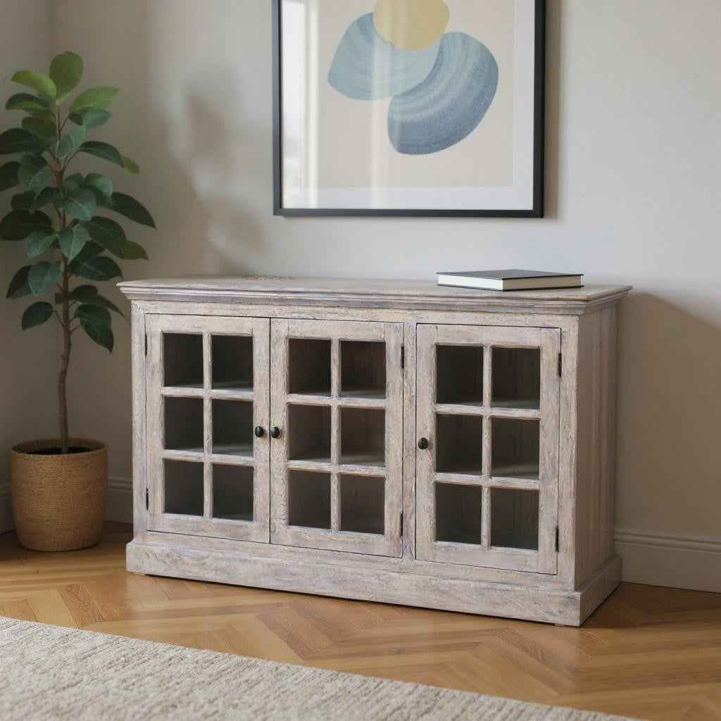 35" Light Gray and Clear Distressed Solid Wood Accent Cabinet With Three Doors