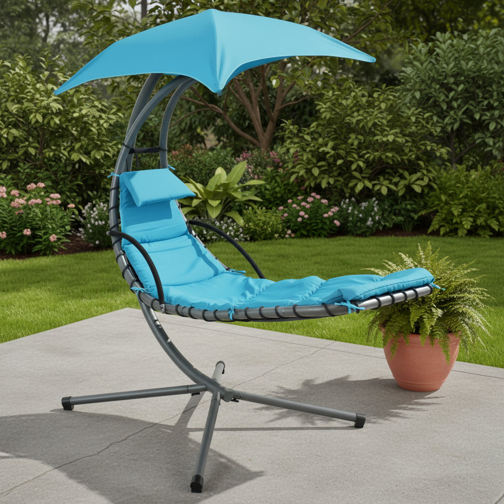 74" Silver Steel Outdoor Floating Chaise Lounge with Teal Blue Cushion And Canopy Default Title