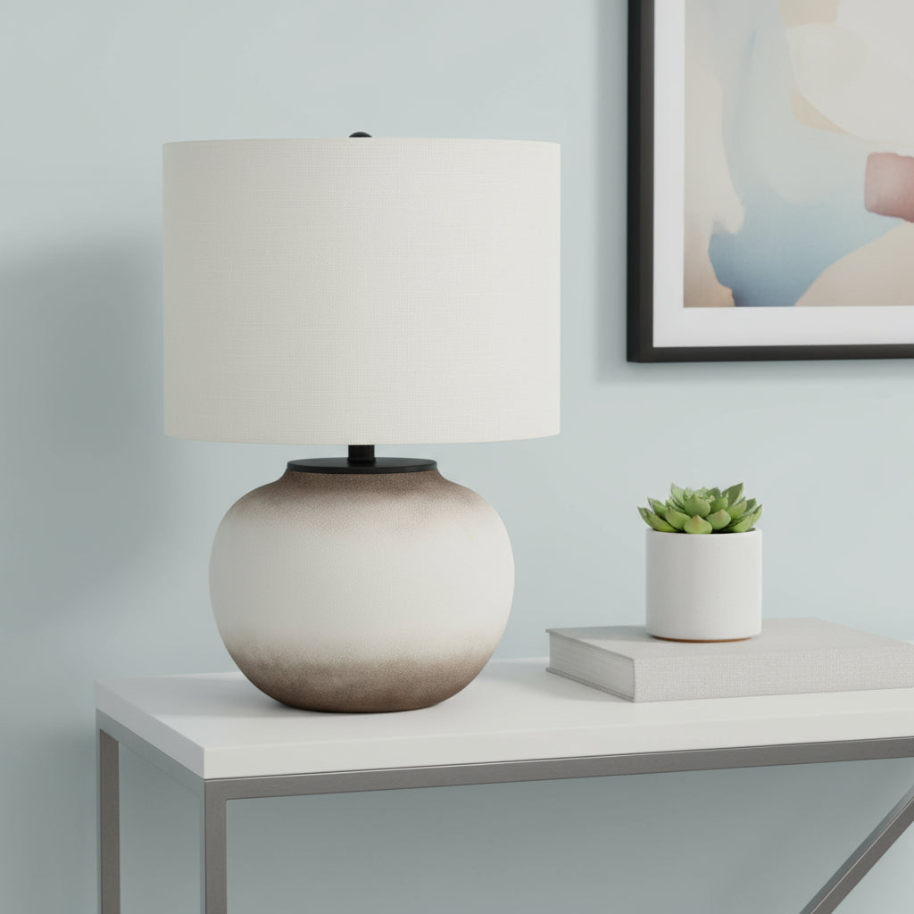 21" Cream Ceramic Round Table Lamp With Cream Drum Shade - Lighting