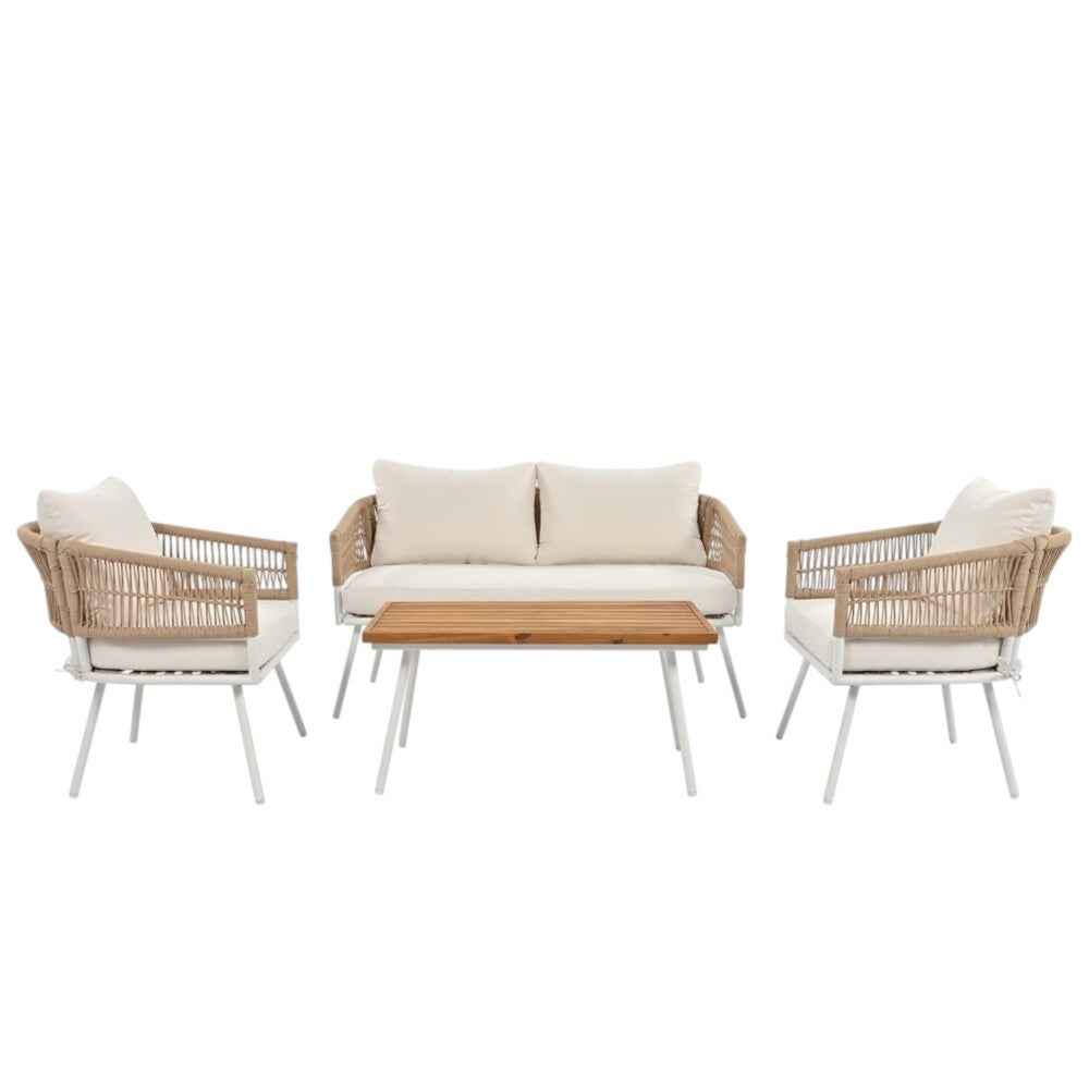 Six Piece White and Beige Metal Upholstered Cushions Sofa Seating Group With Table