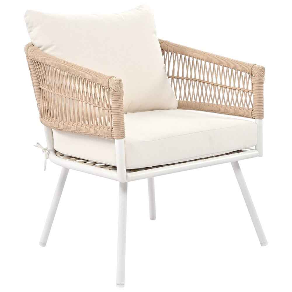 Six Piece White and Beige Metal Upholstered Cushions Sofa Seating Group With Table