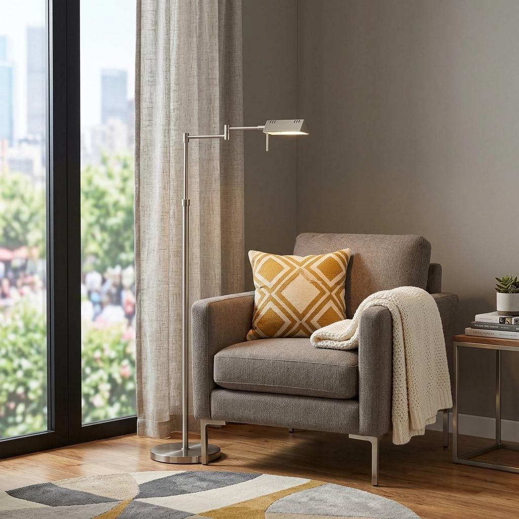 61" Nickel Metal Adjustable Swing Arm Floor Lamp With Gray Shade - Lighting