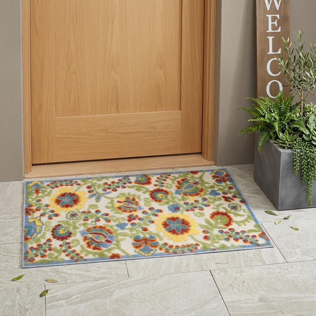 3' X 4' Green And Ivory Indoor Outdoor Area Rug - Outdoor
