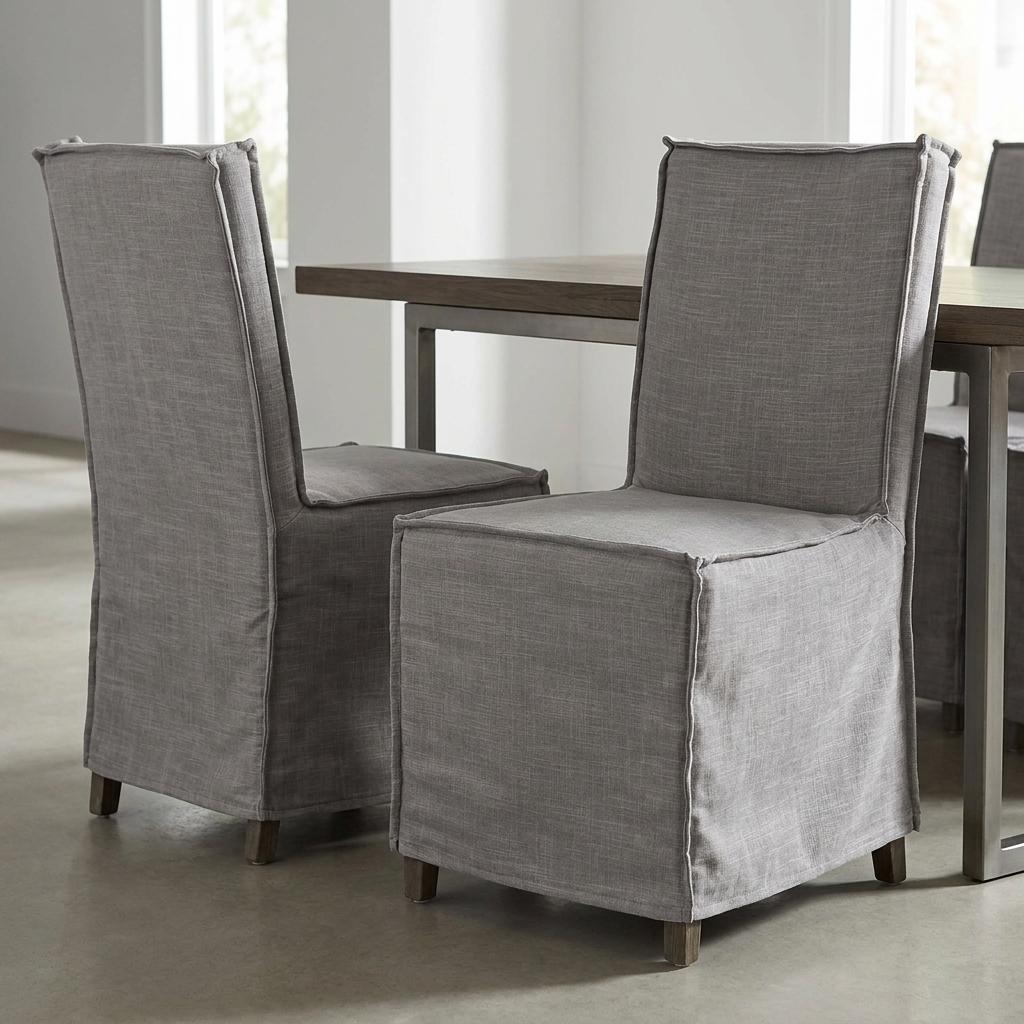 Set Of Two Gray And Brown Slipcovered Wood Parsons Chairs - Kitchen & Dining