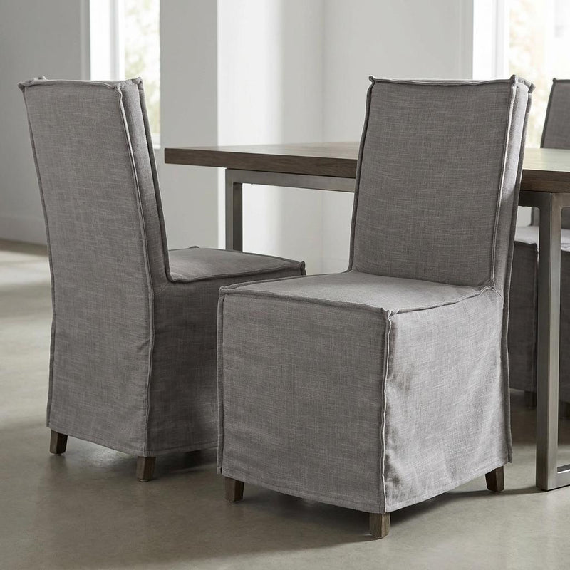 Set Of Two Gray And Brown Slipcovered Wood Parsons Chairs - Kitchen & Dining