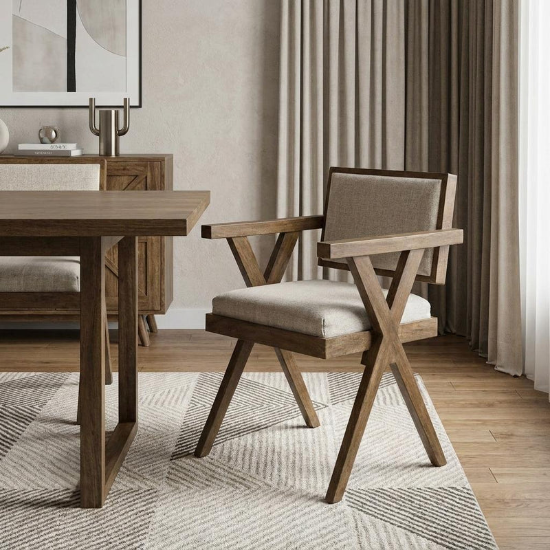 Cream And Brown Upholstered Fabric Open Back Dining Arm Chair - Kitchen & Dining