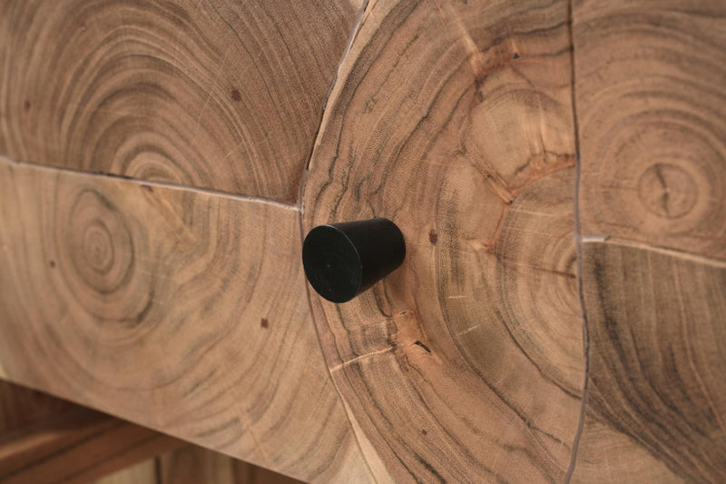 Solid wood drawer front with round black pull and visible wood grain