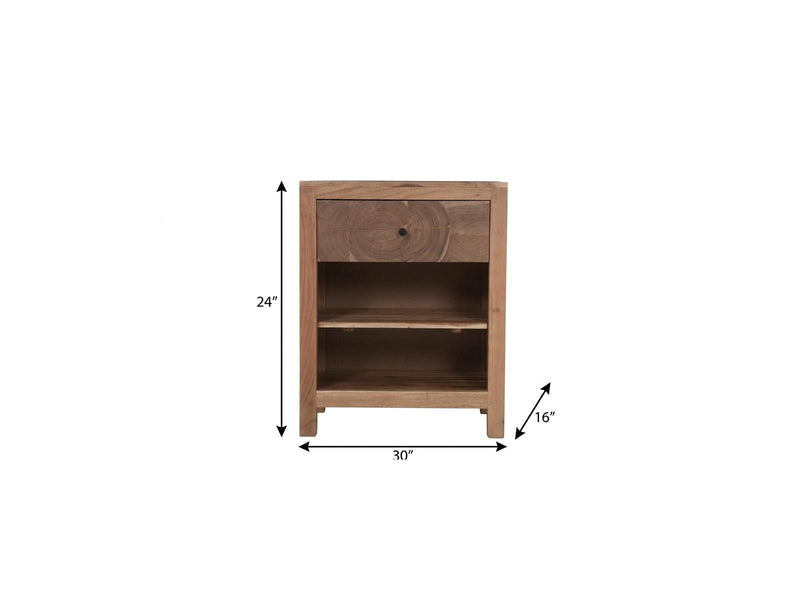 Dimension view of natural wood nightstand with one drawer and open shelf