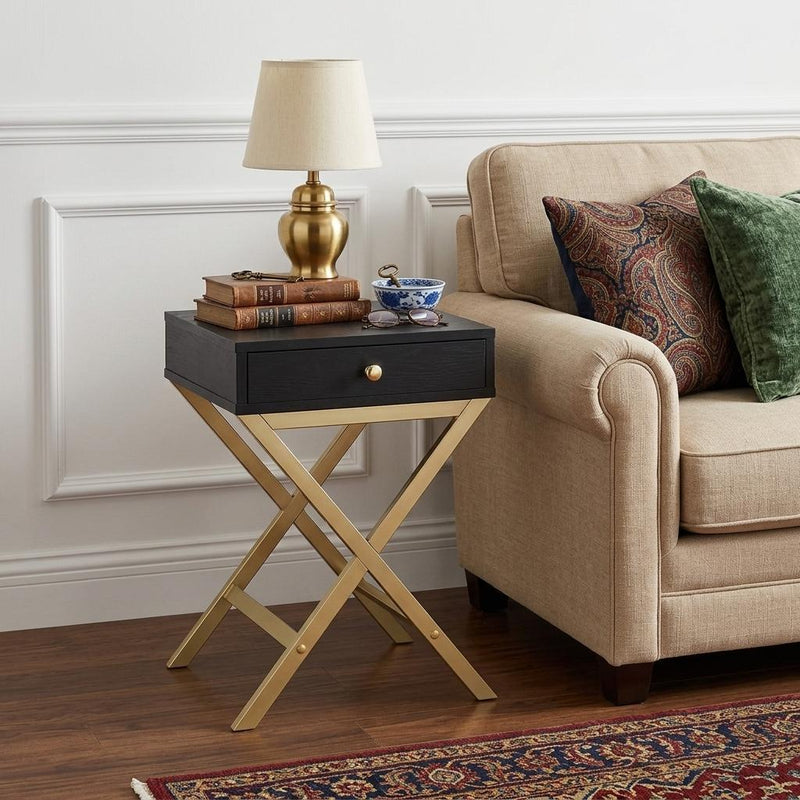 24" Gold And Black Solid Wood End Table With Drawer - Living Room
