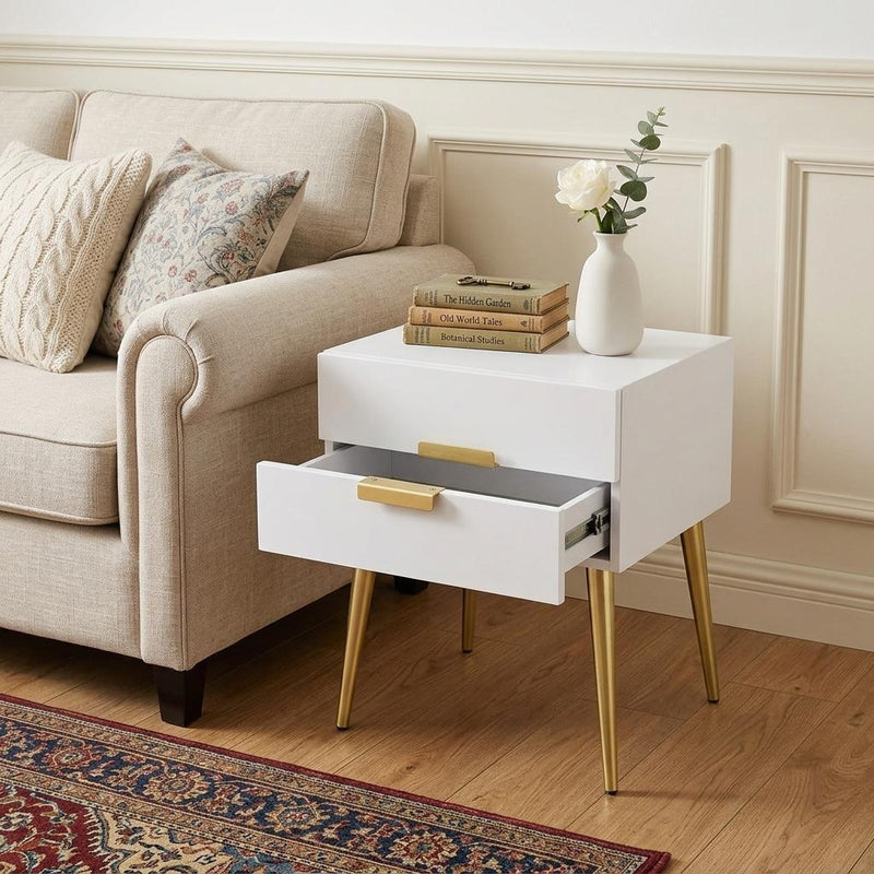 24" Gold And White End Table With Two Drawers - Living Room