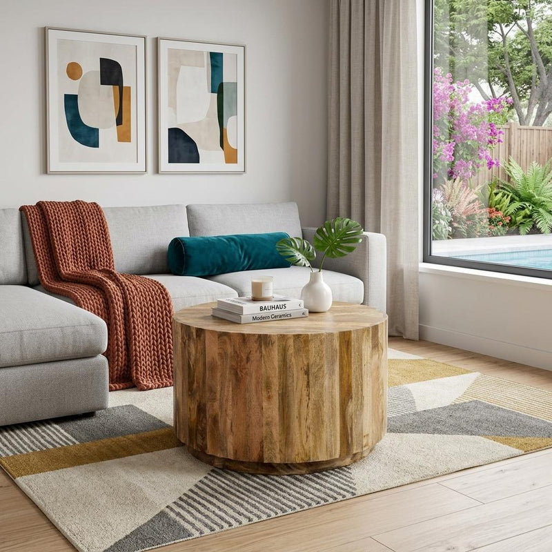 Round natural solid-wood drum coffee table with flat top and rustic barrel sides