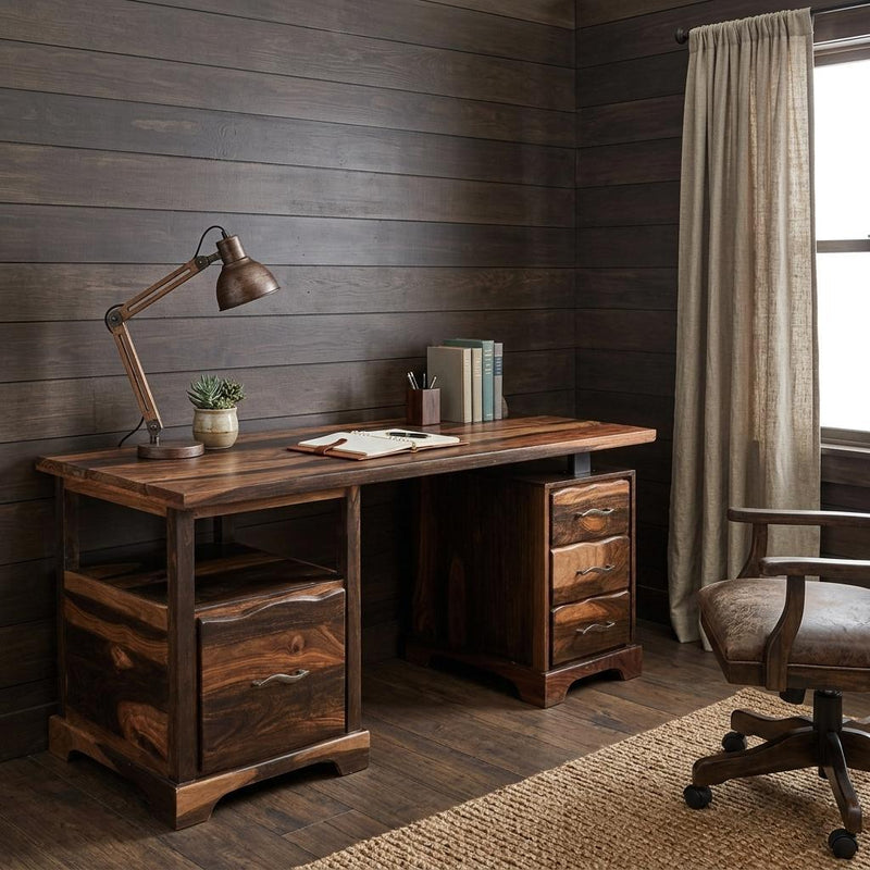 68" Natural Live Edge Solid Wood Writing Desk With Four Drawers - Office