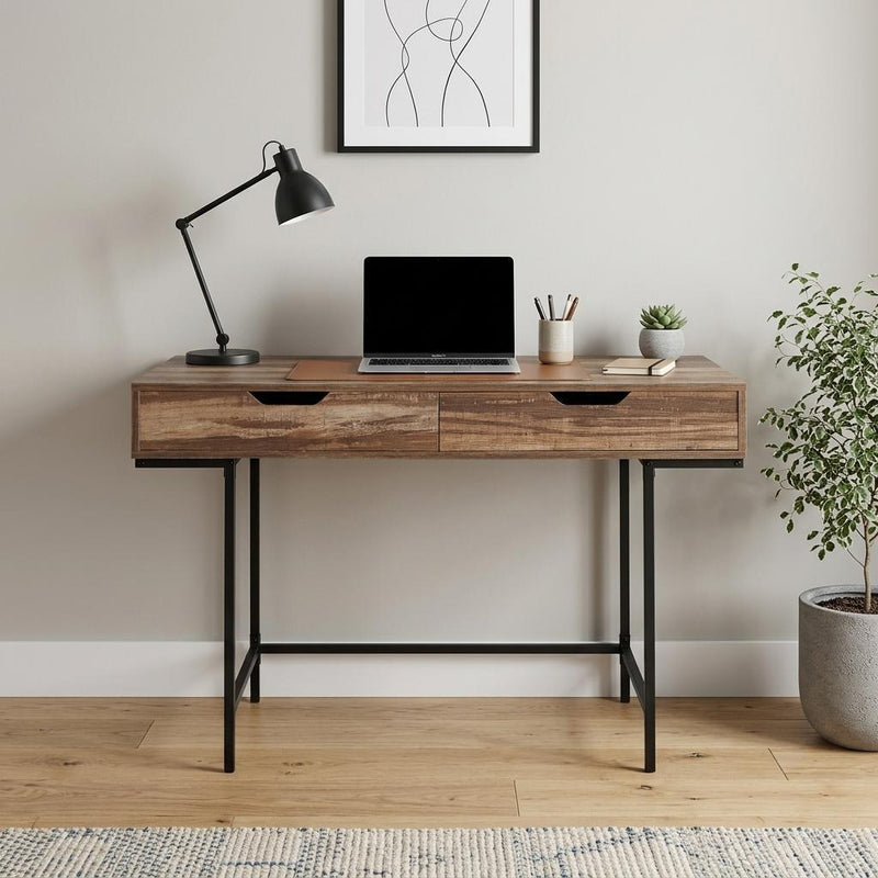 47" Brown and Black Wood and Metal H-Shape Computer Desk With Two Drawers - Office