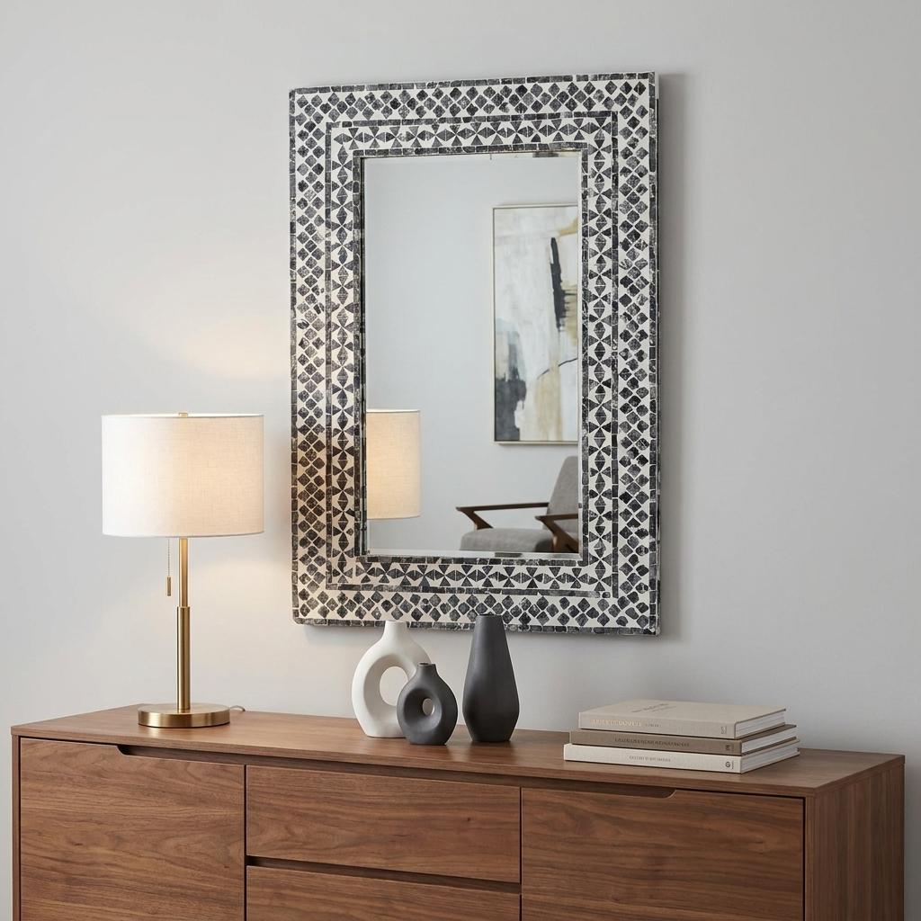 36" Black And White Geometric Mosaic Capiz Shell Framed Accent Mirror - Bed & Bath