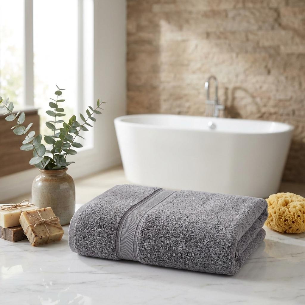Dark gray bath sheet set, folded with textured loop pile and stripe trim