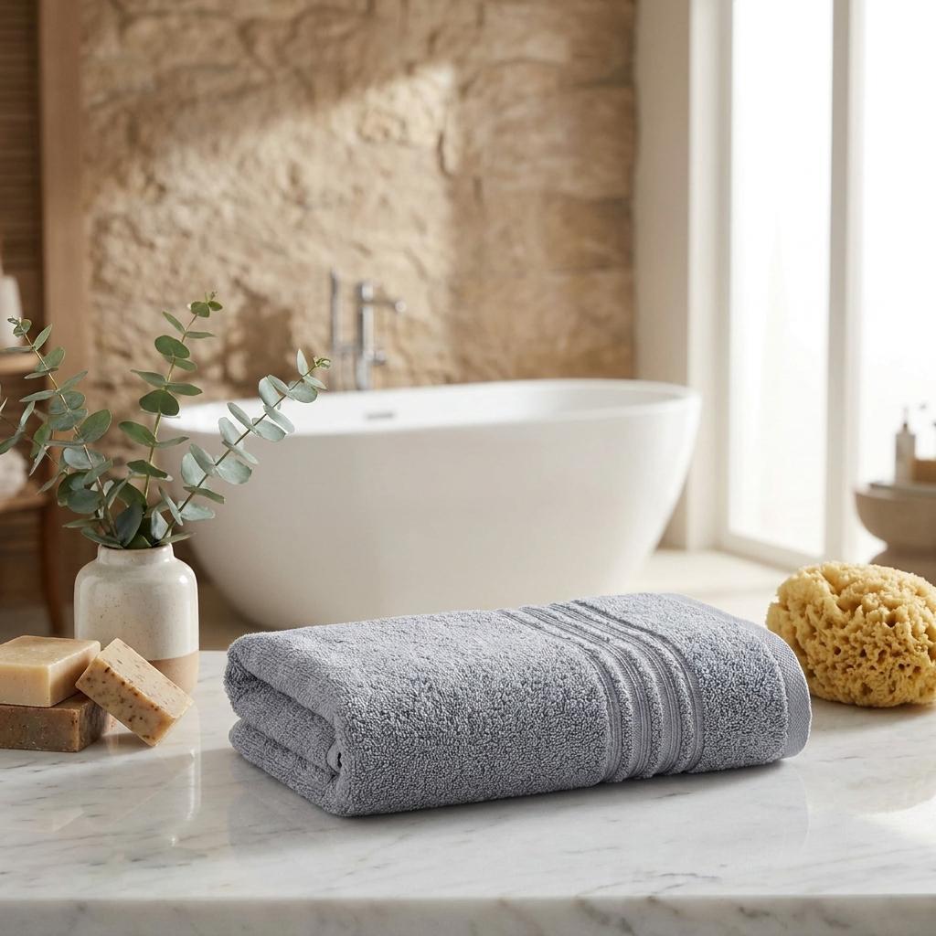 Light gray Turkish cotton hand towels folded on counter, textured terry with striped edging