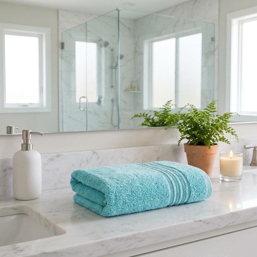 Aqua Turkish cotton hand towel set of two, folded terry with striped trim.