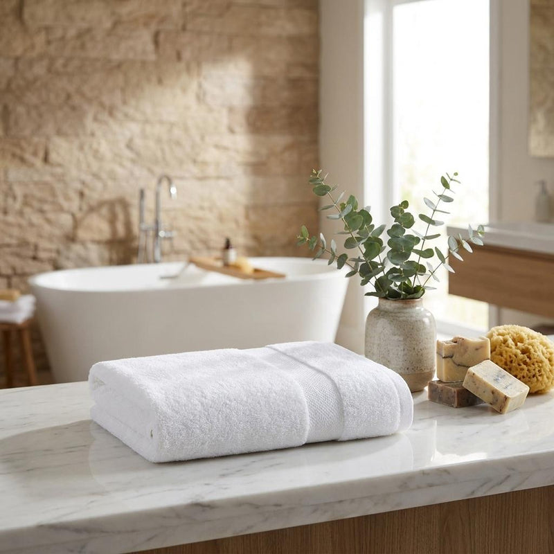 Set of two white Turkish cotton hand towels, 16x30 in, rolled and folded on counter