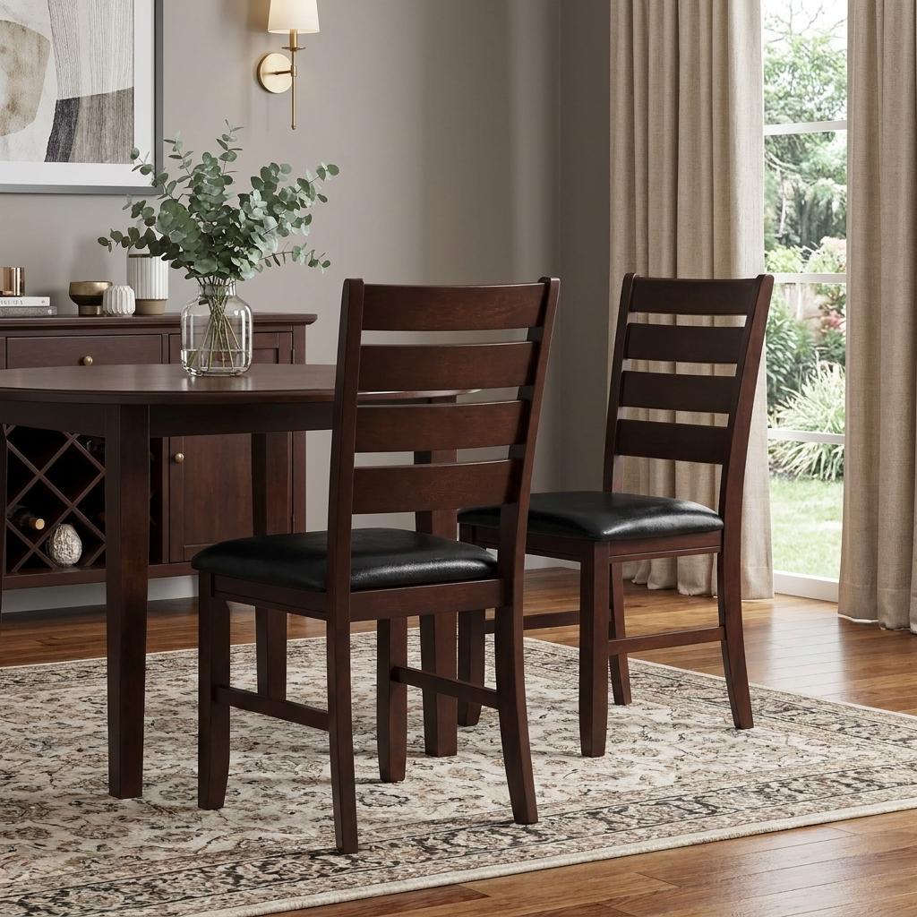 Set of Two Black And Brown Faux Leather Wood Slat Back Dining Side Chairs - Kitchen & Dining