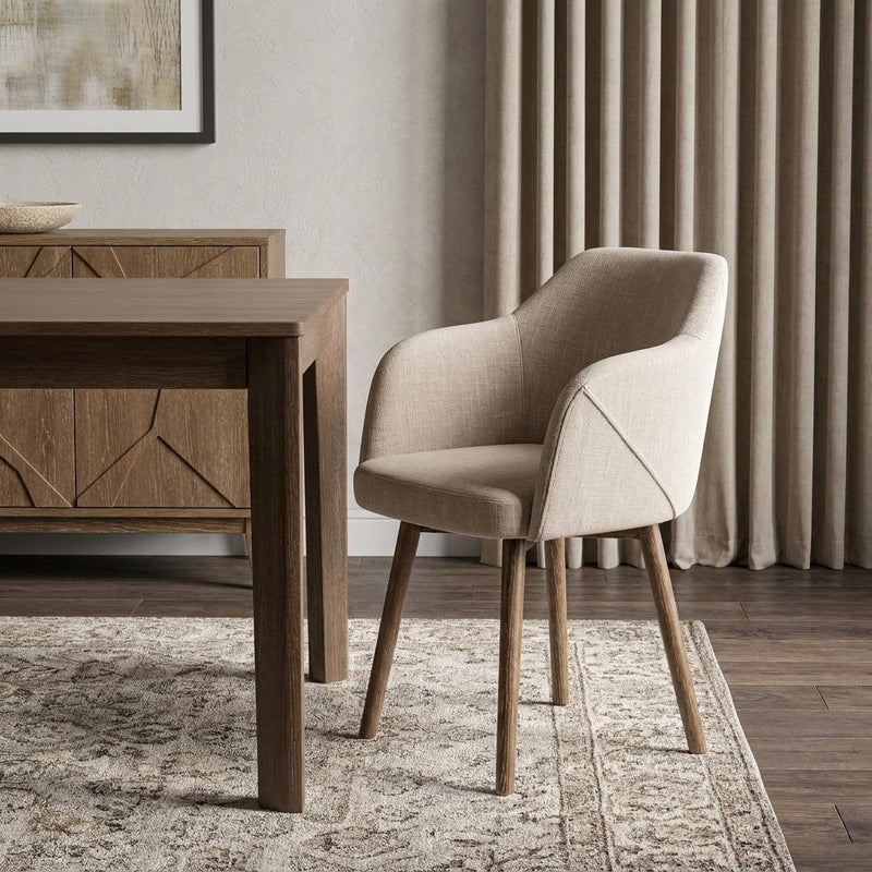 Cream and Brown Upholstered Fabric Dining Arm Chair - Kitchen & Dining