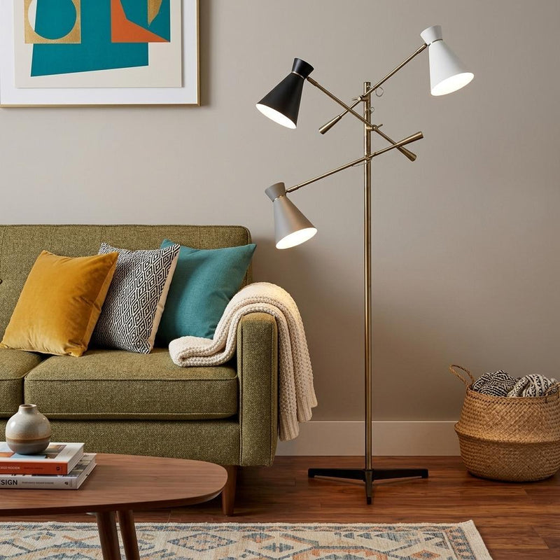 71" Brass Metal Novelty Floor Lamp With Black And White Iron Cone Shade - Lighting