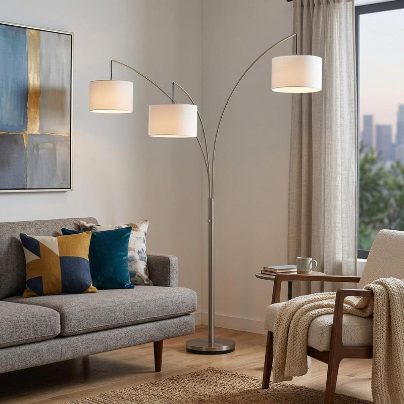 74" Silver Three Light Tree Floor Lamp With White Linen Drum Shade - Lighting