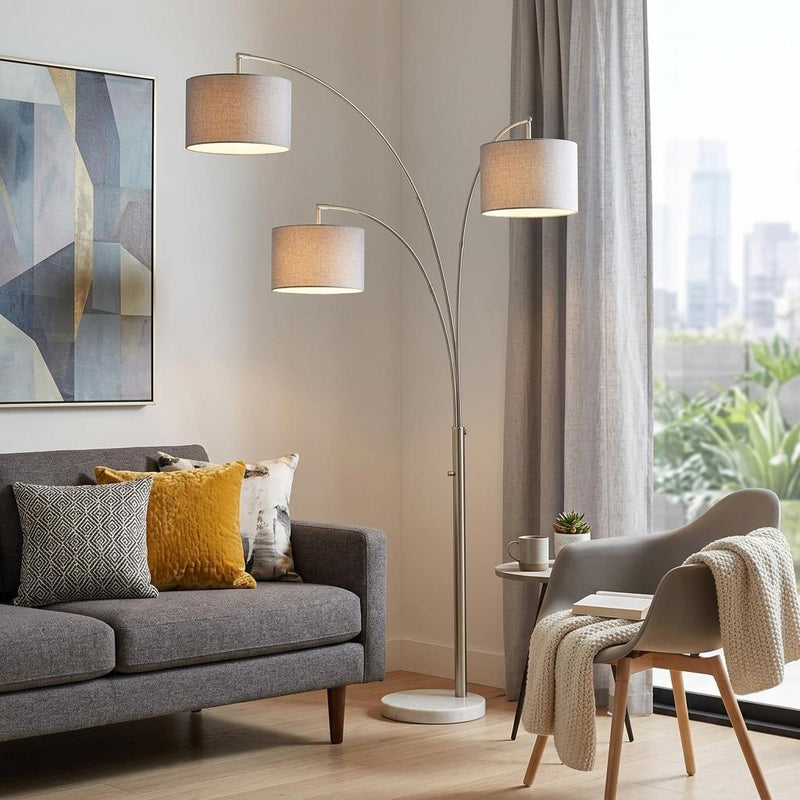 74" Silver Three Light Adjustable Tree Floor Lamp With Gray Linen Drum Shade - Lighting