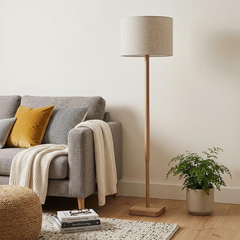 59" Natural Solid Wood Floor Lamp With White Linen Drum Shade - Lighting