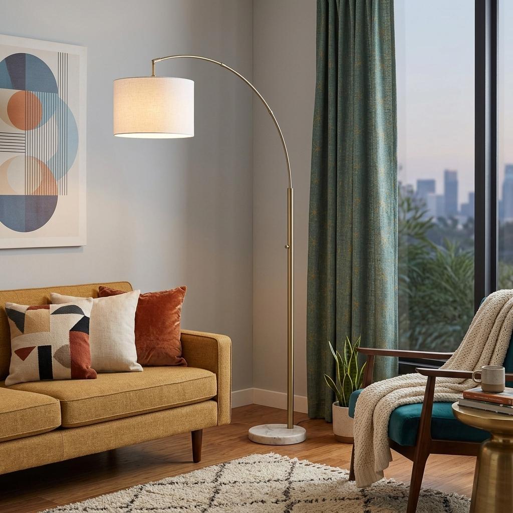 74" Brass Metal Arc Floor Lamp With Off White Linen Drum Shade - Lighting