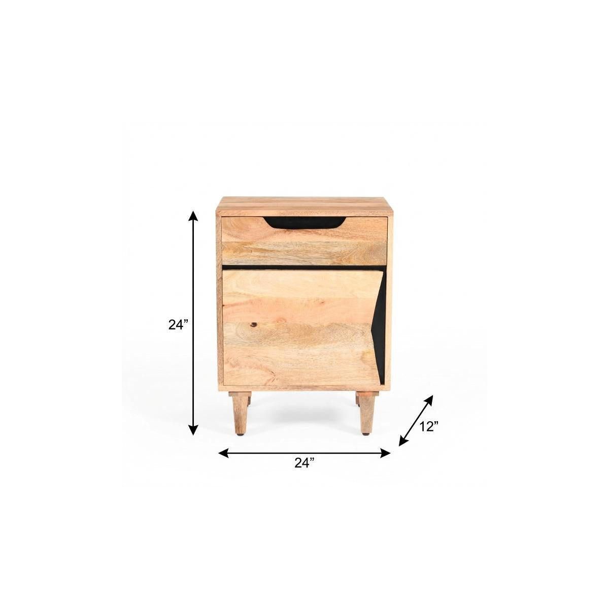 Natural solid wood nightstand dimensions: 24 in H x 12 in W x 24 in D, drawer pull.