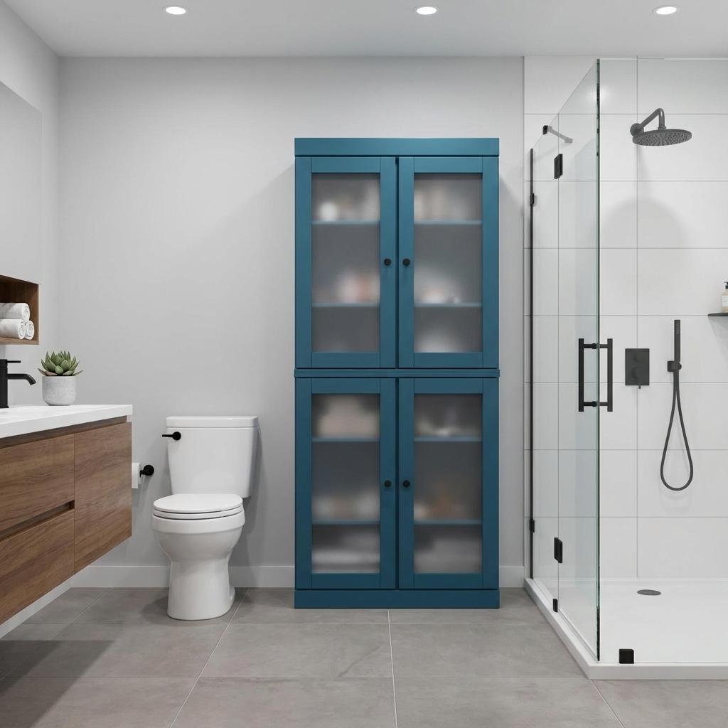 Teal blue linen cabinet with double glass panel doors and wood frame