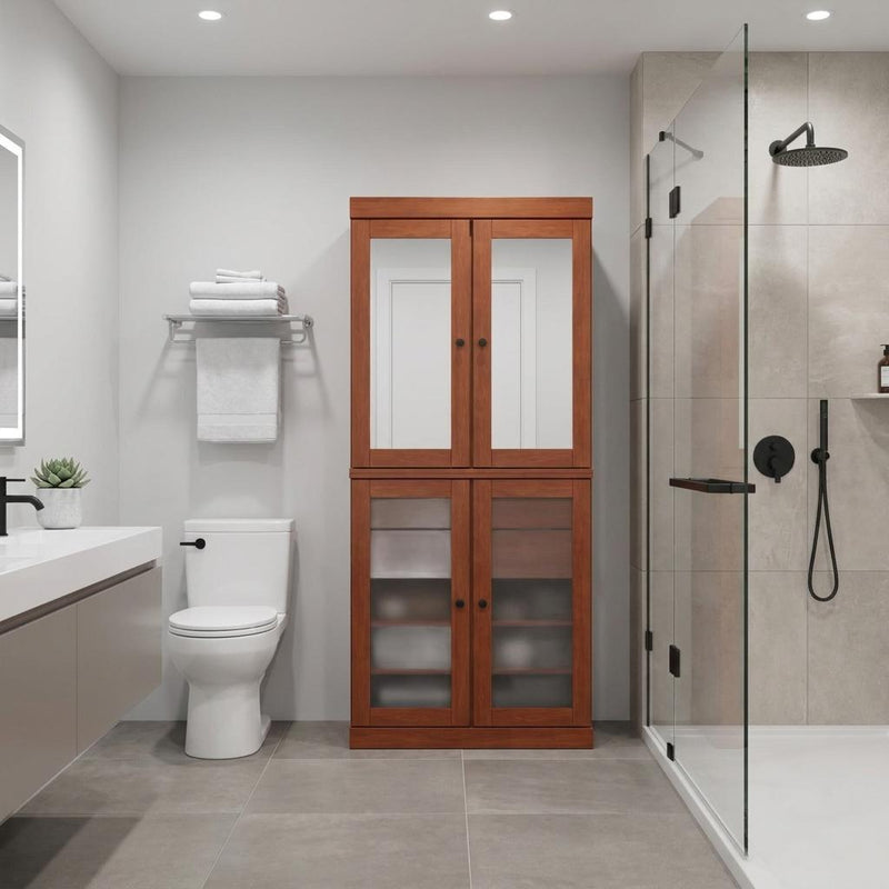 Brown wood linen cabinet with two glass doors and interior storage shelves