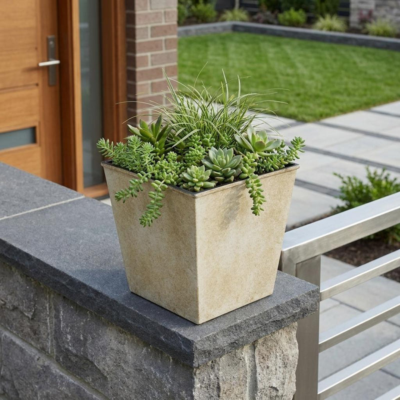Cream square planter pot holding succulents, outdoors on a stone ledge