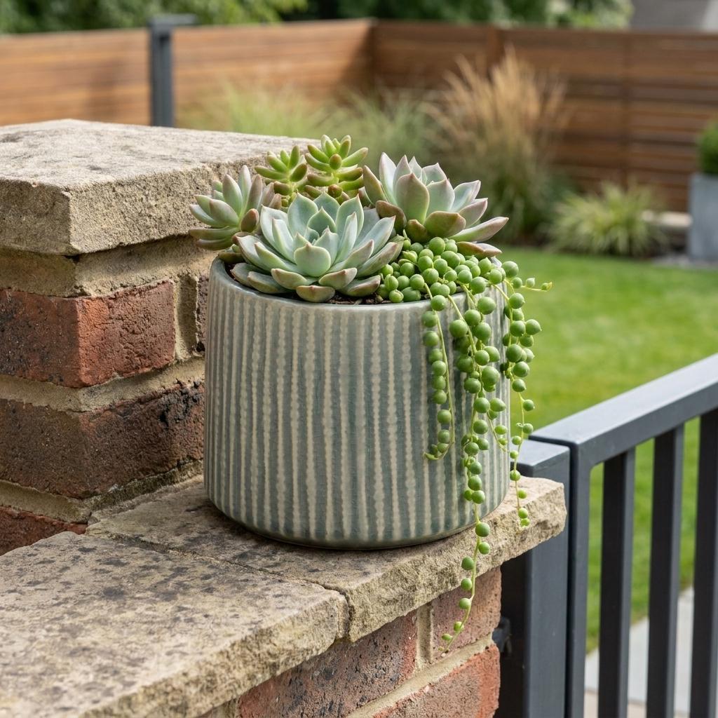 6" Green Striped Ceramic Indoor Outdoor Round Pot Planter - Sports & Outdoor