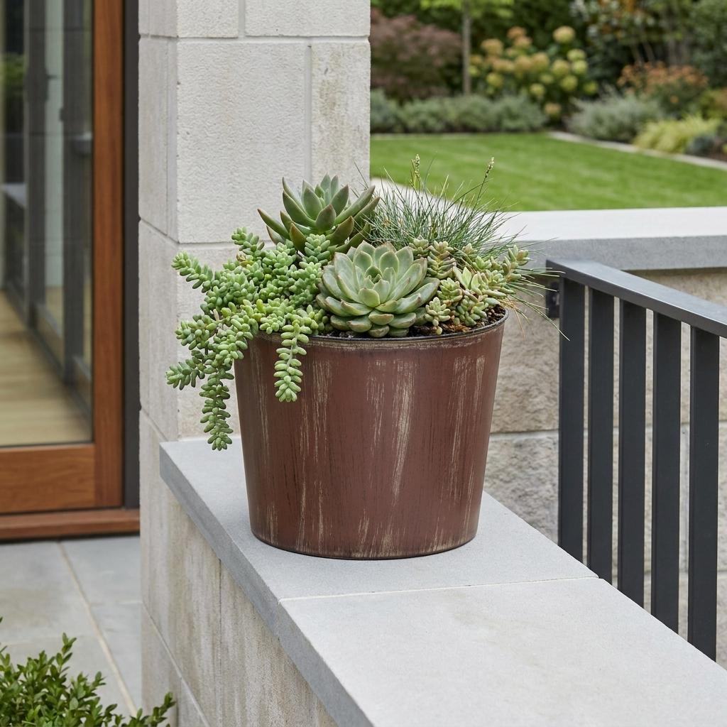 Brown round planter pot with black liner holding a cluster of succulents