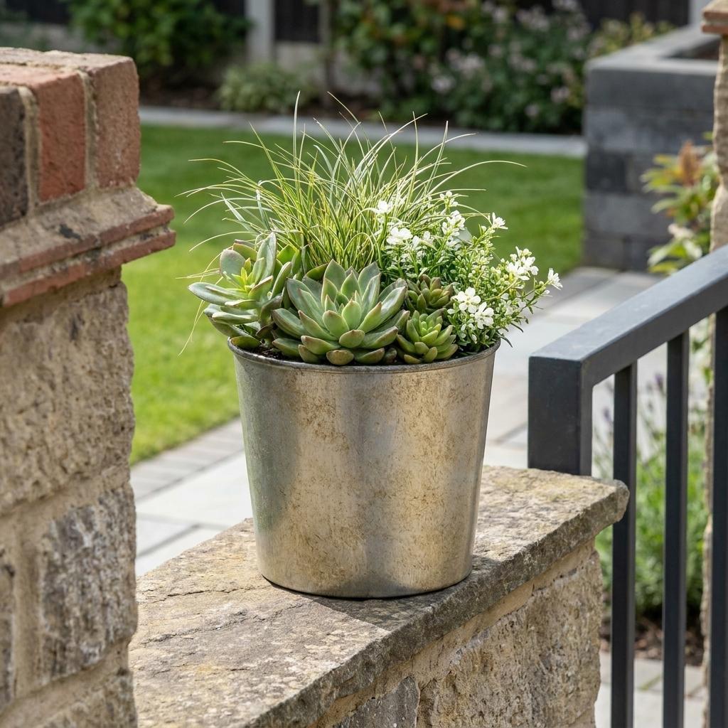 Gray round planter holding succulents on a stone ledge