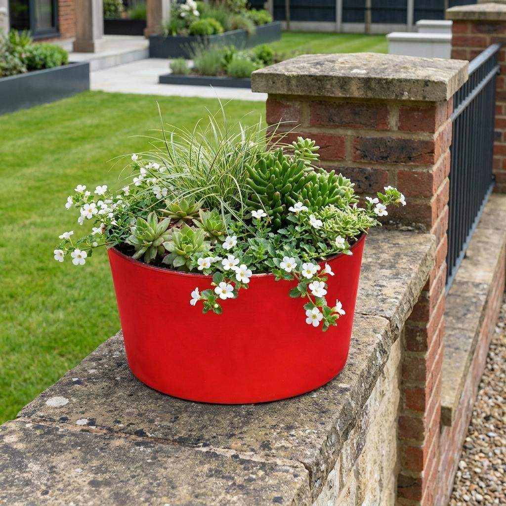 12" Red Recycled Plastic Indoor Outdoor Round Pot Planter - Sports & Outdoor