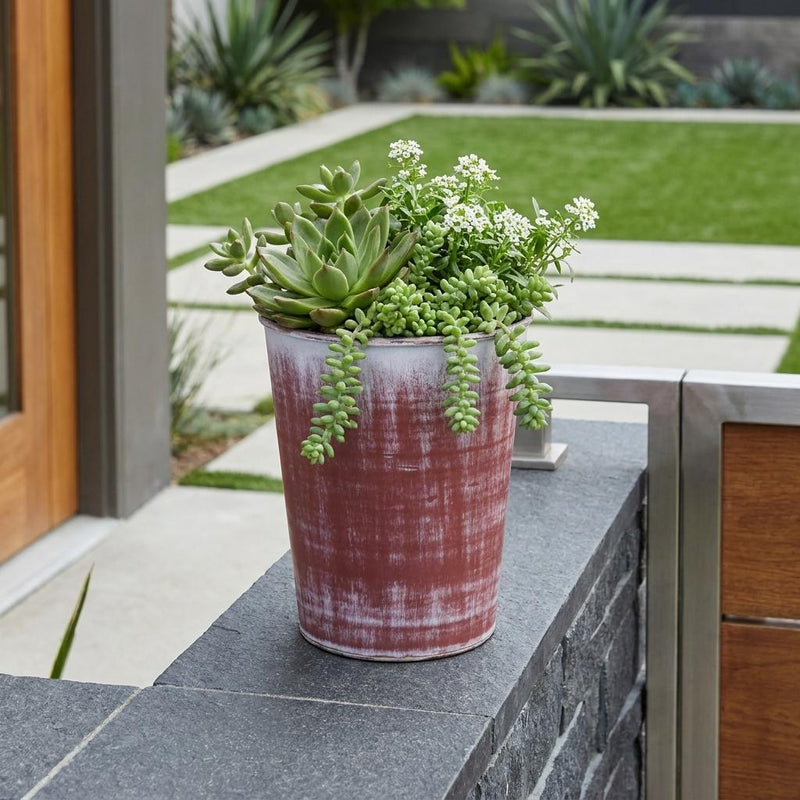 Brown round recycled plastic planter with whitewashed texture, holding small succulents