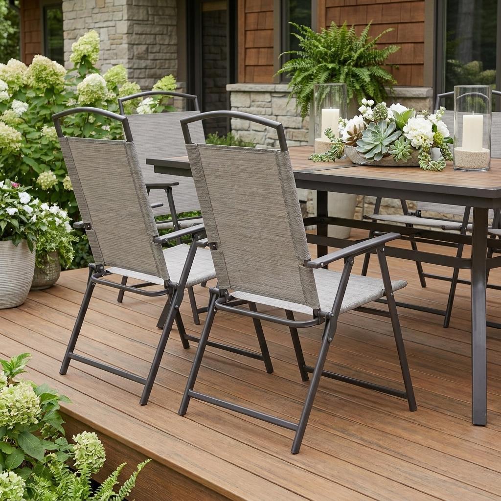 Set of Four 35" Brown Steel Sling Outdoor Folding Arm Chairs - Outdoor