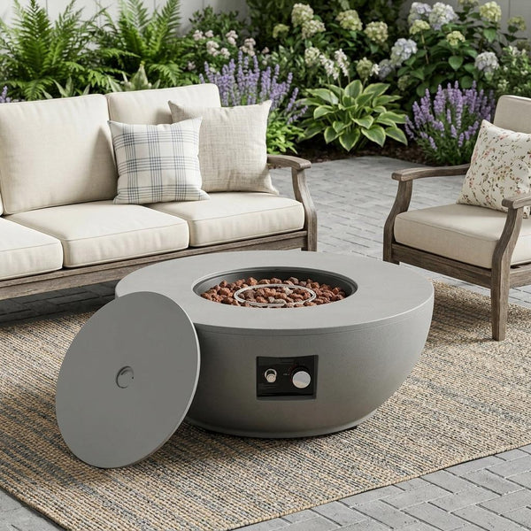 Gray round propane fire pit with open lid, circular burner and control panel