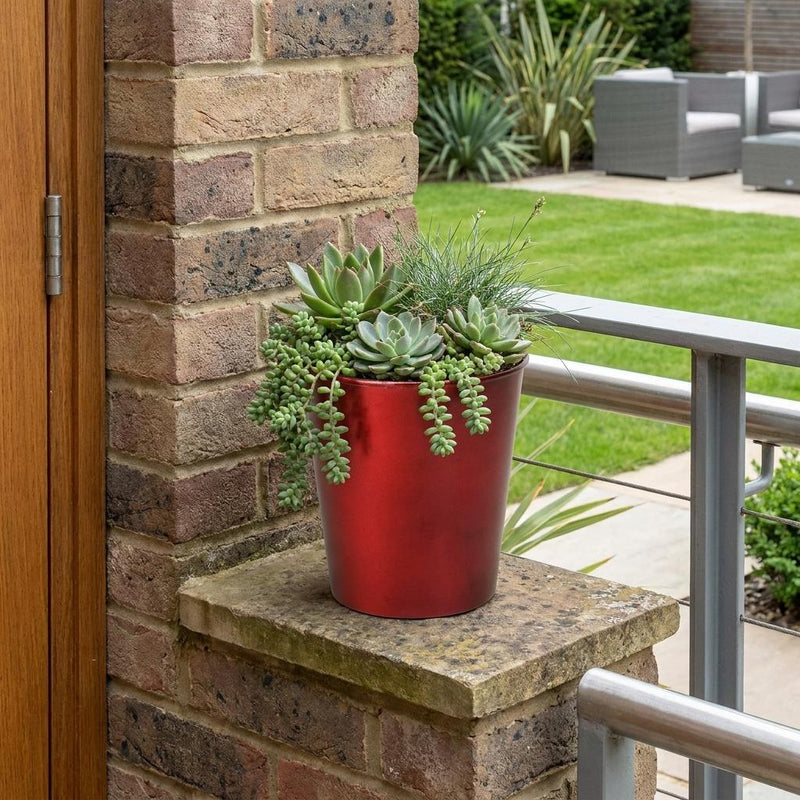 Red round plastic planter pot with green succulent plants on a stone ledge
