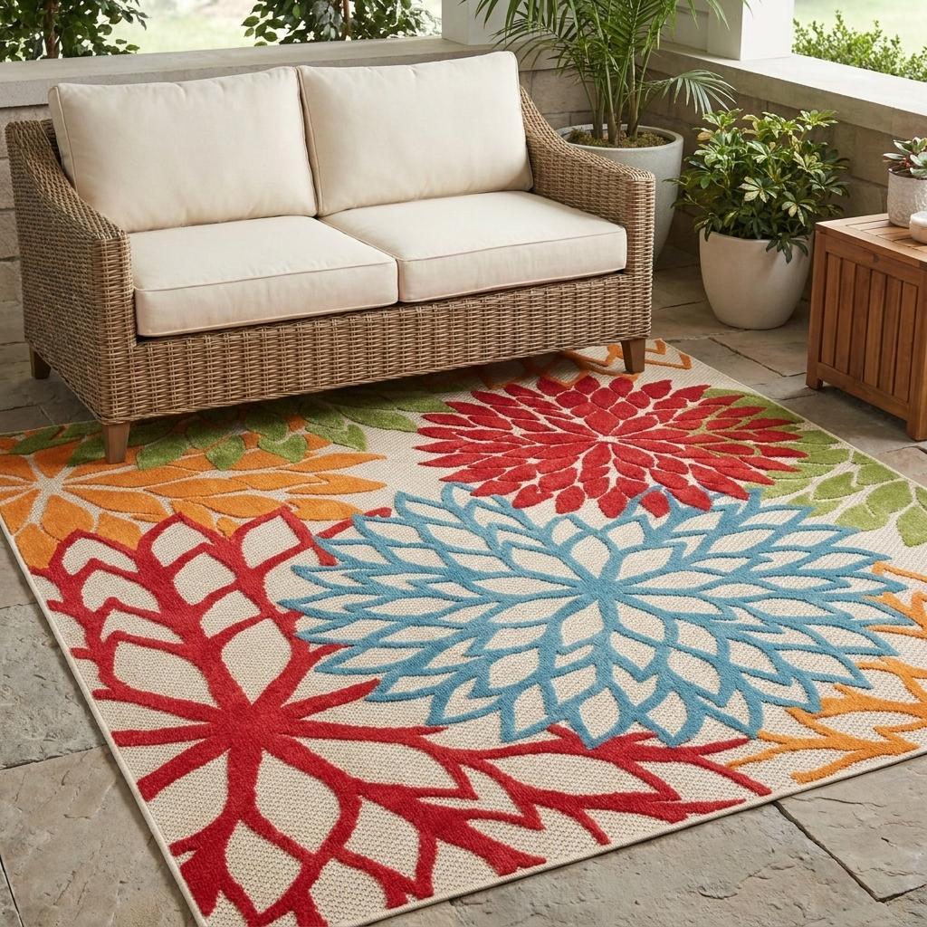 5' Green Orange and Red Indoor Outdoor Area Rug - Outdoor