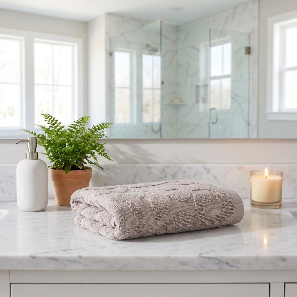 Set of four hand towels with light gray floral pattern, folded on bathroom countertop