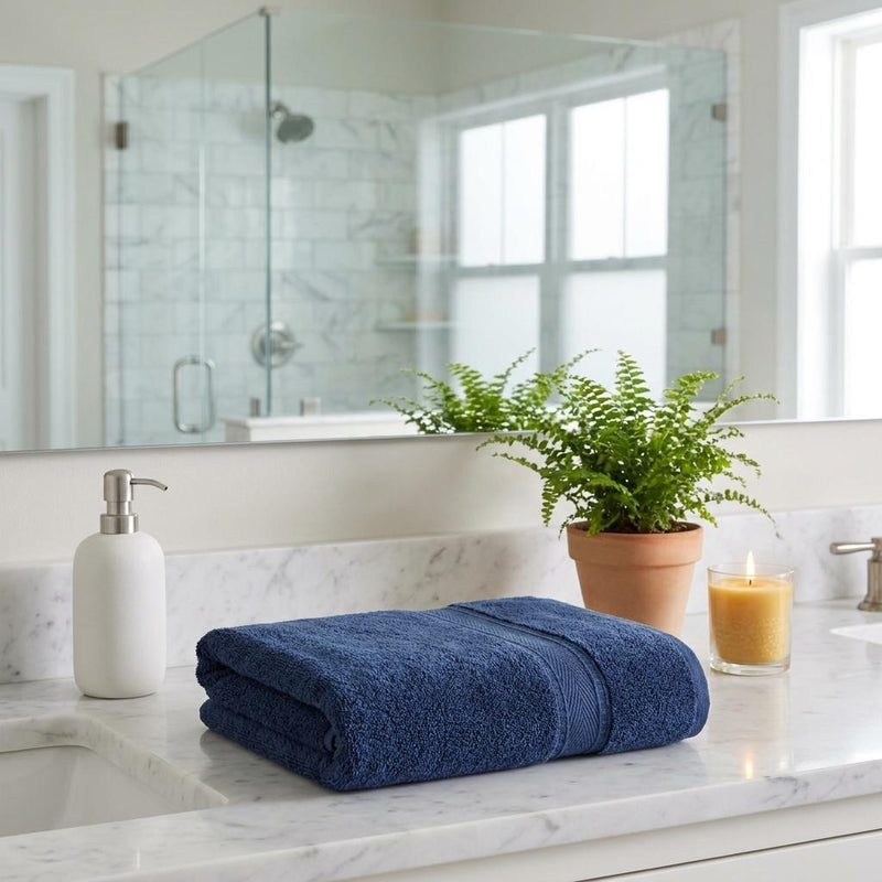 Set of two navy Turkish cotton bath towels folded, terry texture