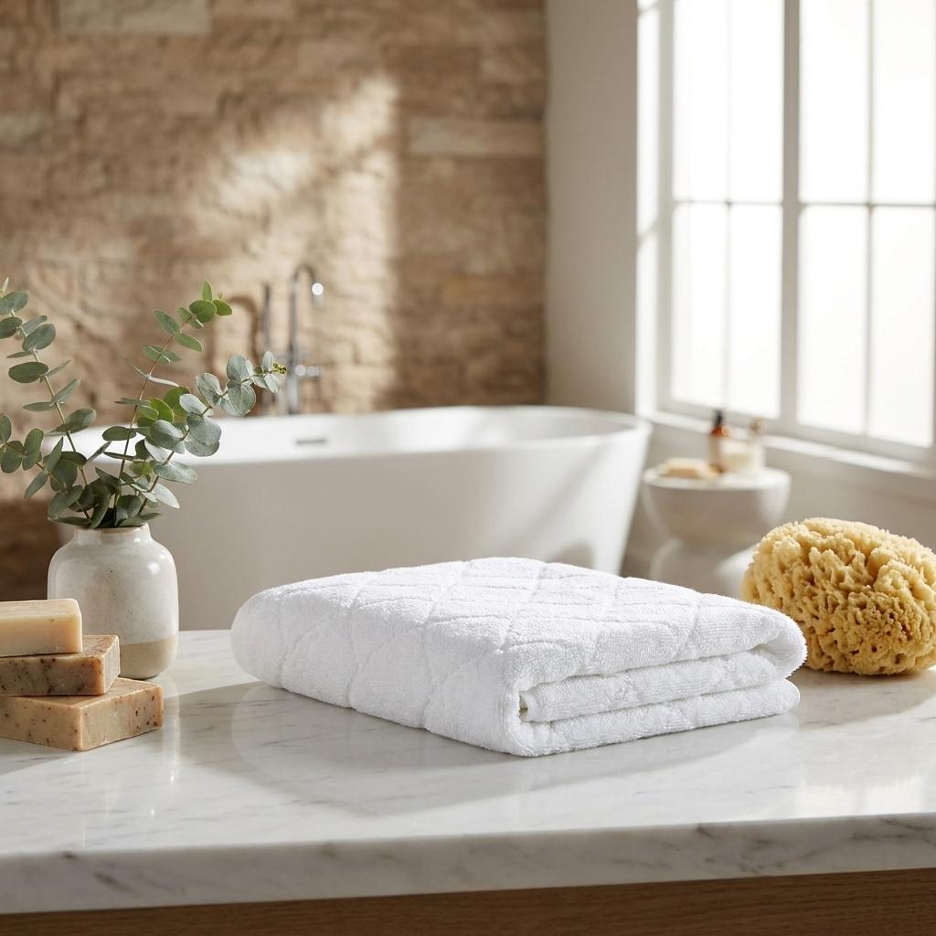 Set of two white Turkish cotton hand towels, rolled and stacked on bathroom countertop