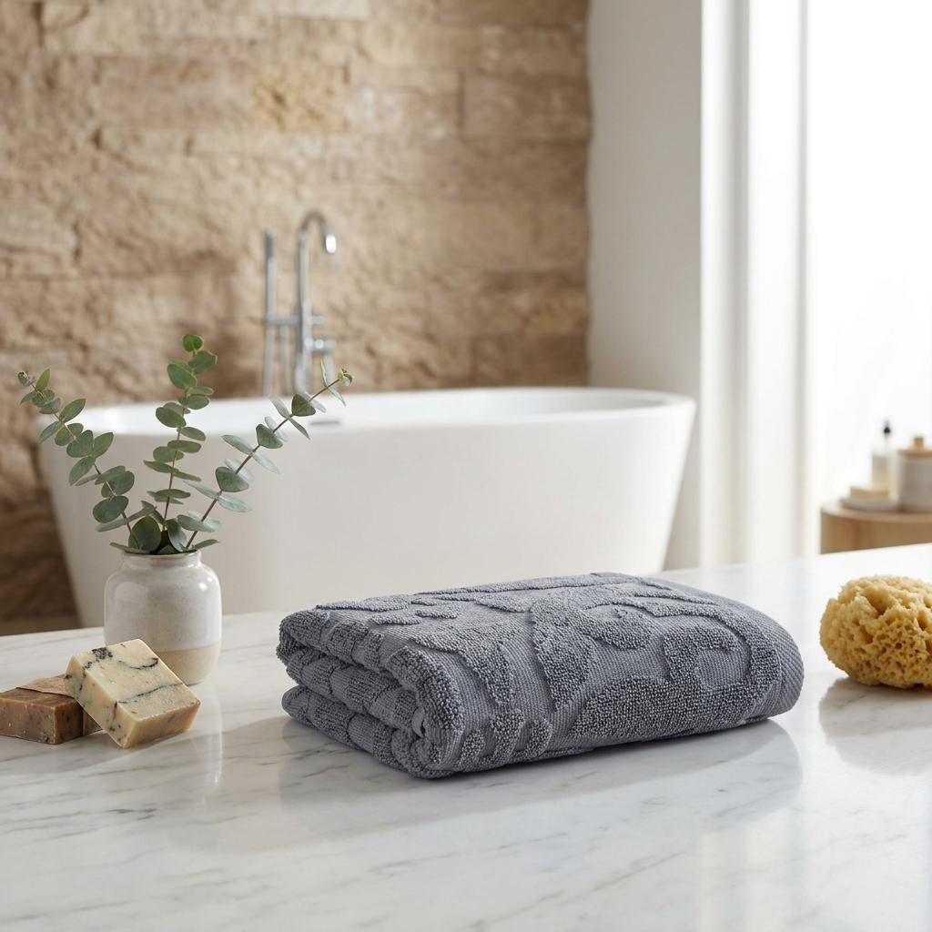 Gray floral Turkish cotton hand towel, folded and stacked on countertop