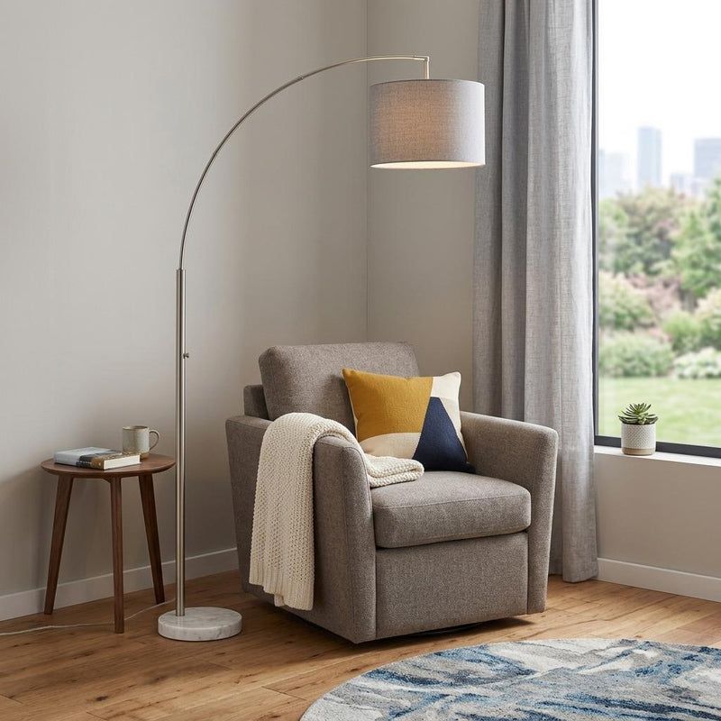 74" Silver Metal Arched Floor Lamp With Gray Linen Drum Shade - Lighting