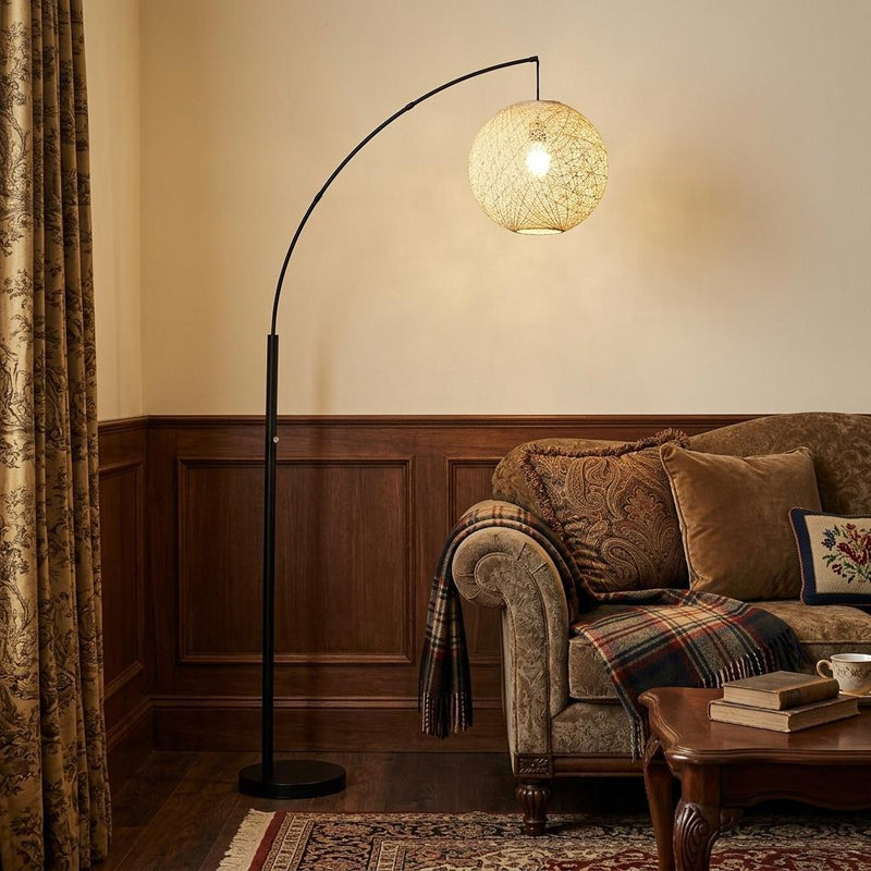77" Antiqued Bronze Arched Floor Lamp With Groovy Beige Abstract Wicker Globe Shade - Lighting
