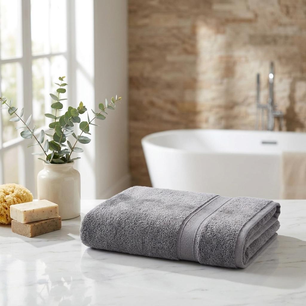 Set of two dark gray bath towels with stitched border bands, rolled