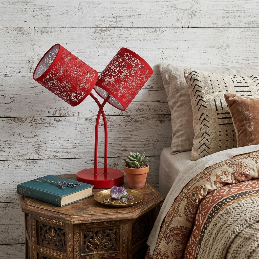 17" Red Metal Two Light Table Lamp With Red Abstract Drum Shade - Lighting